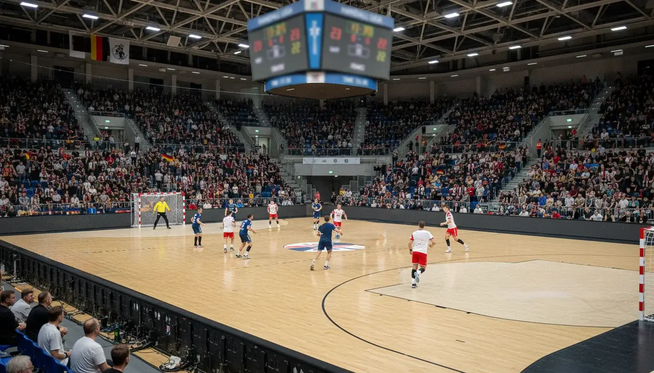 Handball-Bundesliga-Spiel in einer modernen Arena mit begeisterten Zuschauern auf den Rängen