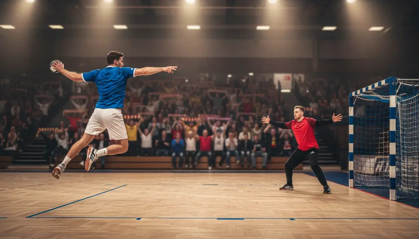 Handball-Spieler beim Torwurf in einer vollen Bundesliga-Halle