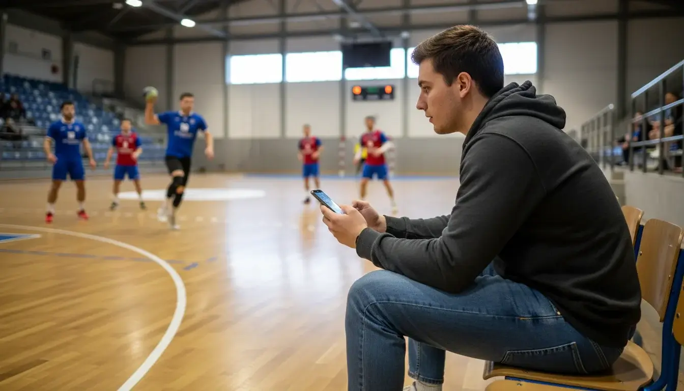 Junger Fan verfolgt ein Handballspiel in der Halle und macht sich Notizen auf dem Handy