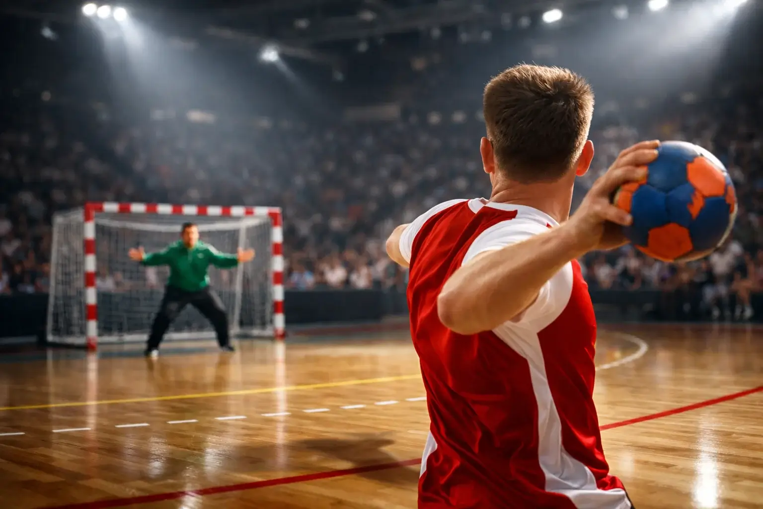 Handball-Spieler beim Torwurf in einer voll besetzten Sporthalle mit dramatischer Beleuchtung