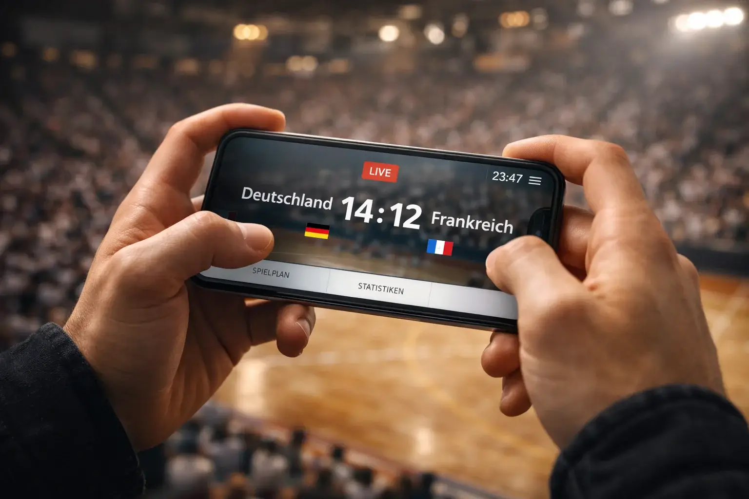 Person verfolgt ein Handballspiel auf dem Smartphone mit Echtzeit-Statistiken auf dem Bildschirm