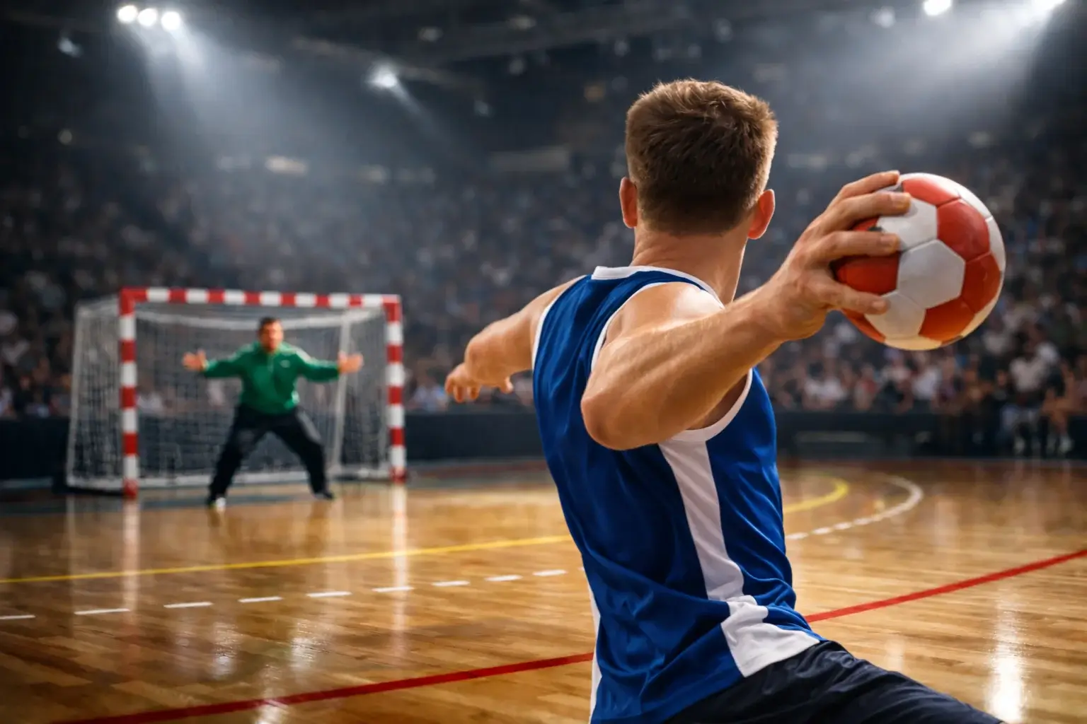 Handballspieler beim Sprungwurf auf das Tor in einer beleuchteten Hallensporthalle