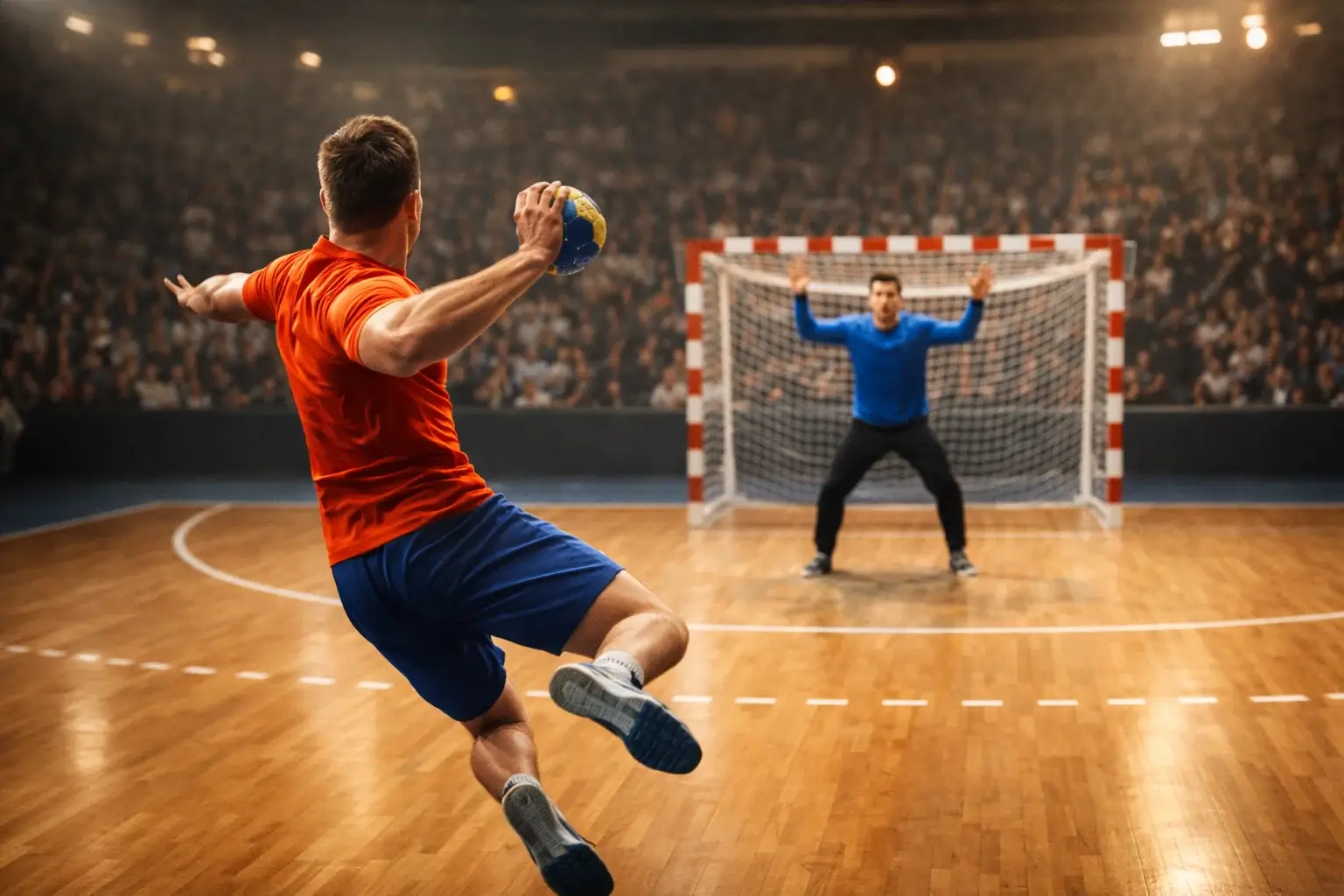 Handballspieler im Sprungwurf auf das Tor während eines Bundesliga-Spiels