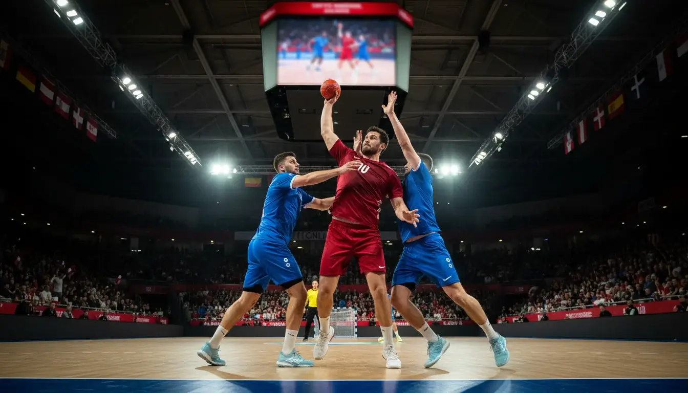 Handball-Nationalmannschaft im Angriff während eines internationalen Turniers