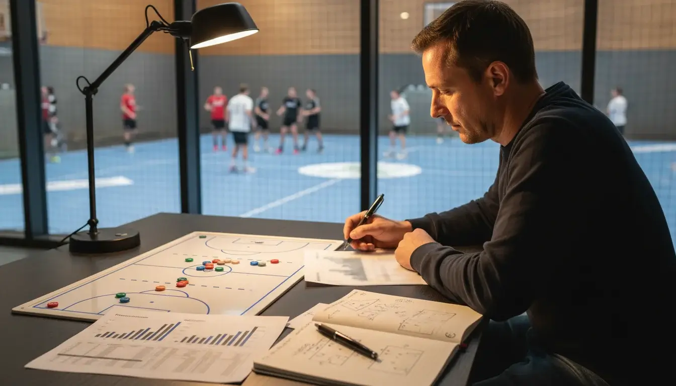 Handballspieler plant den nächsten Angriff auf dem Spielfeld in der Halle